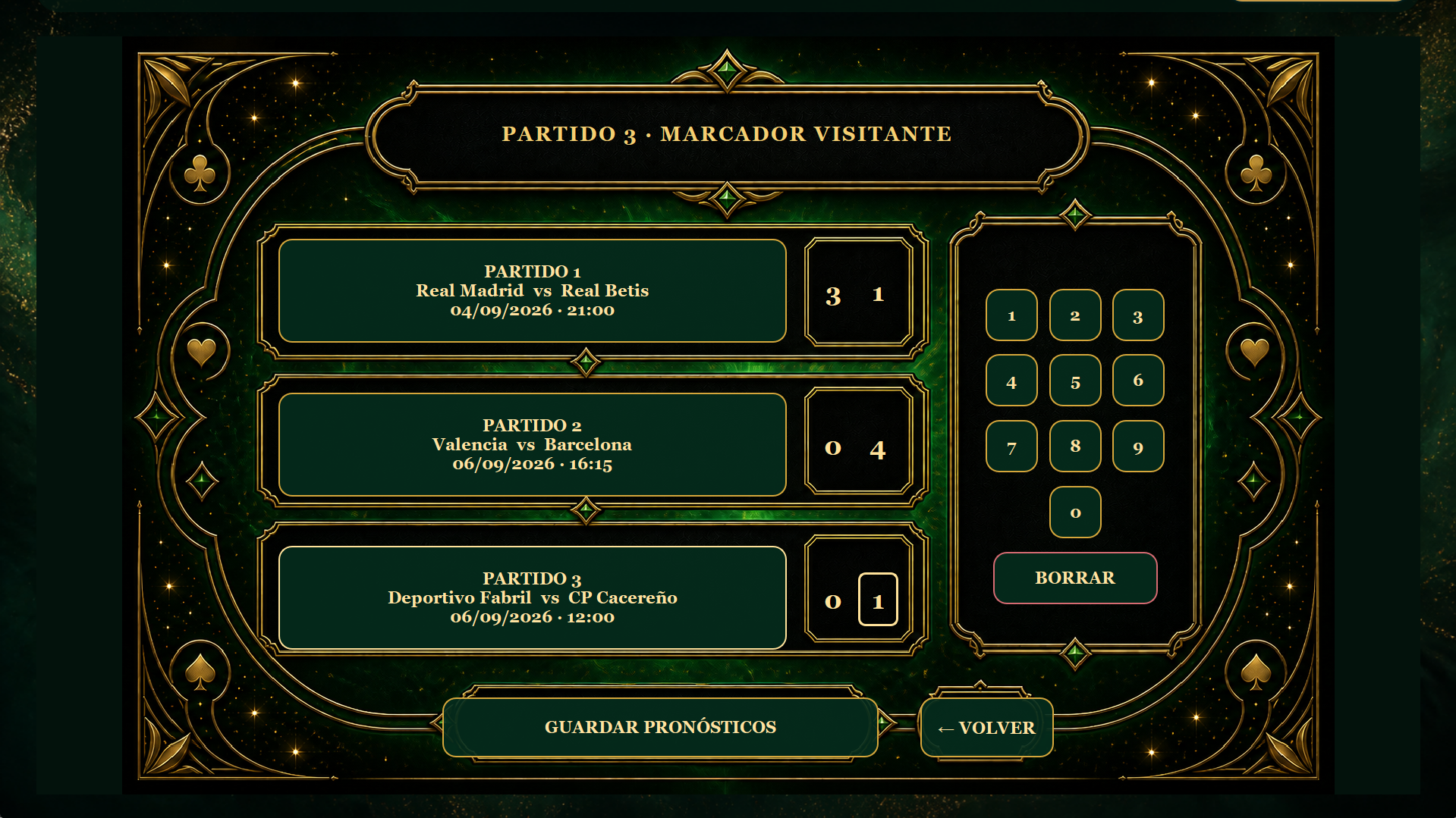 Pantalla de pronósticos de La Porra de Slotia