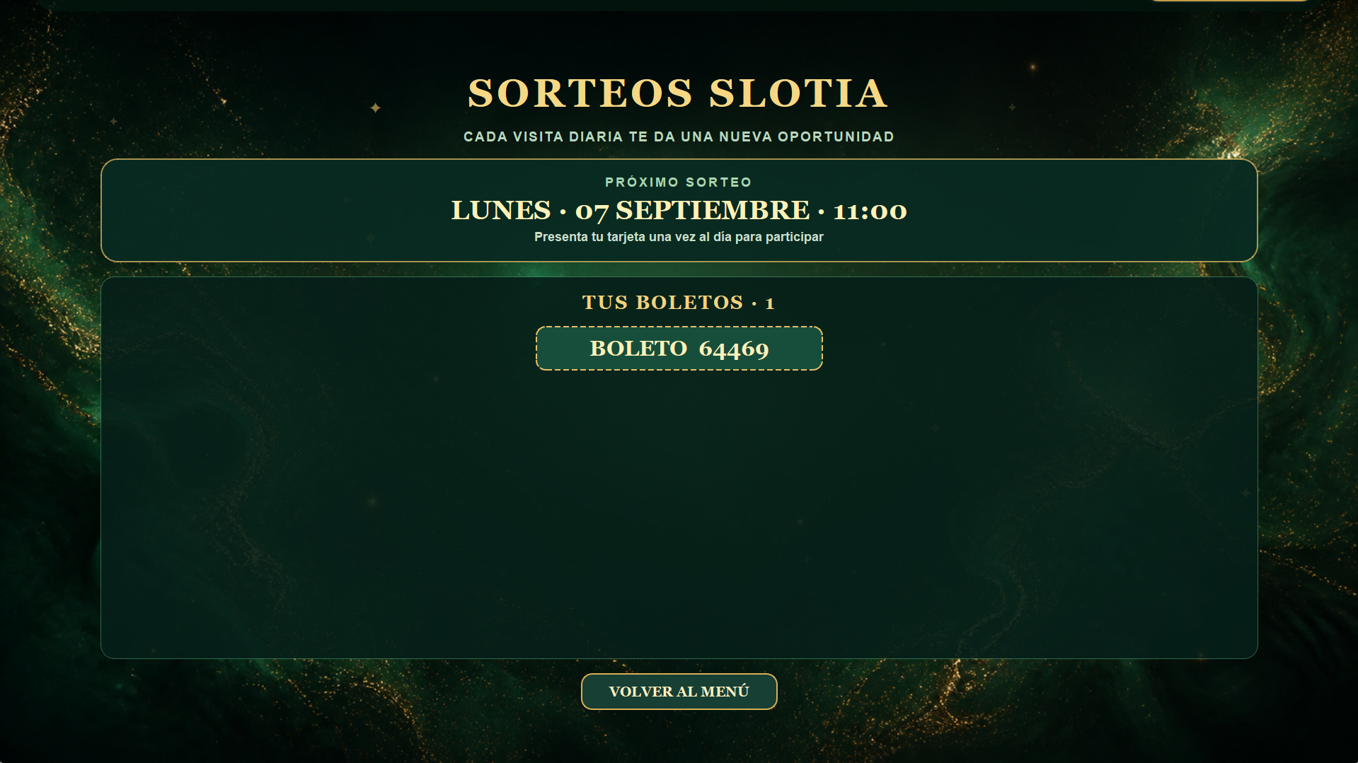 Pantalla de sorteos de la aplicación Slotia