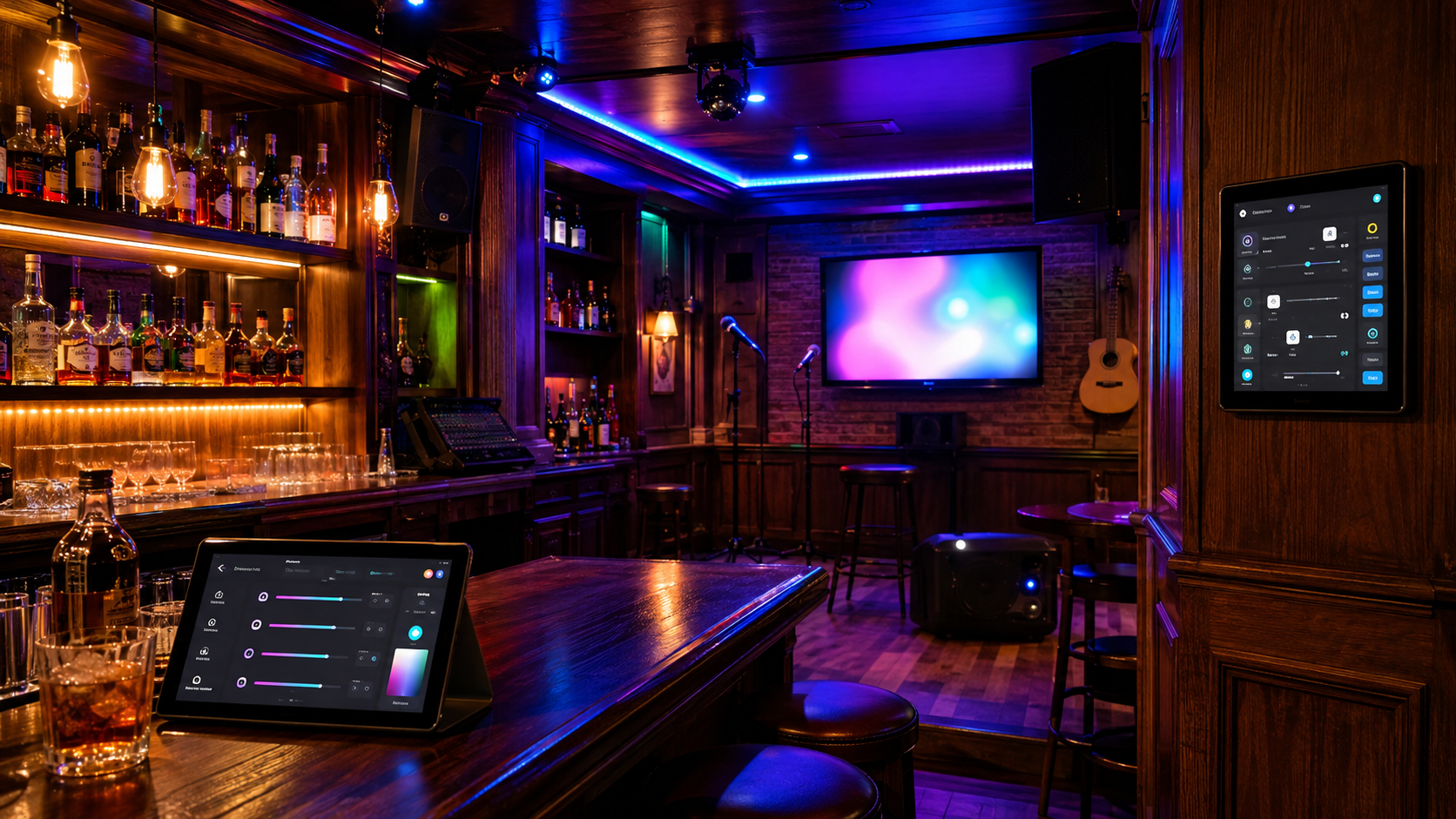 Interior de Cantarina Karaoke con iluminación y controles domóticos